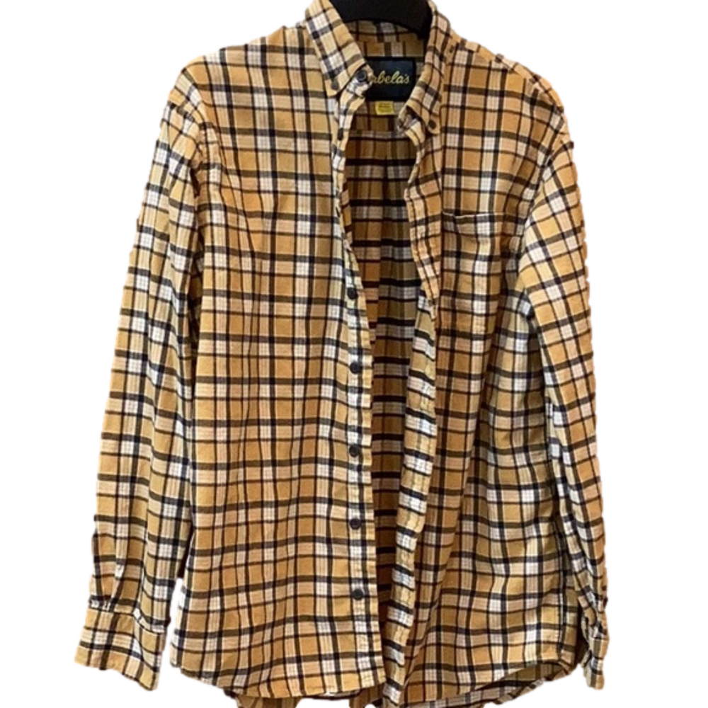 Cabela’s yellow and blue flannel button down shirt, men’s size large, tall